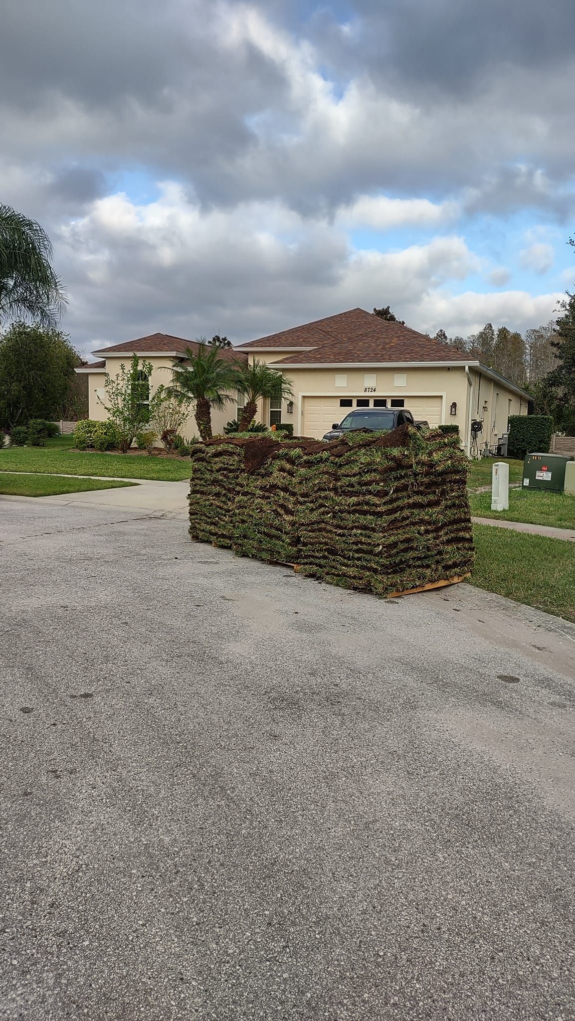 Pile of brown and green debris in front of a house with a brown roof and a car in the driveway.