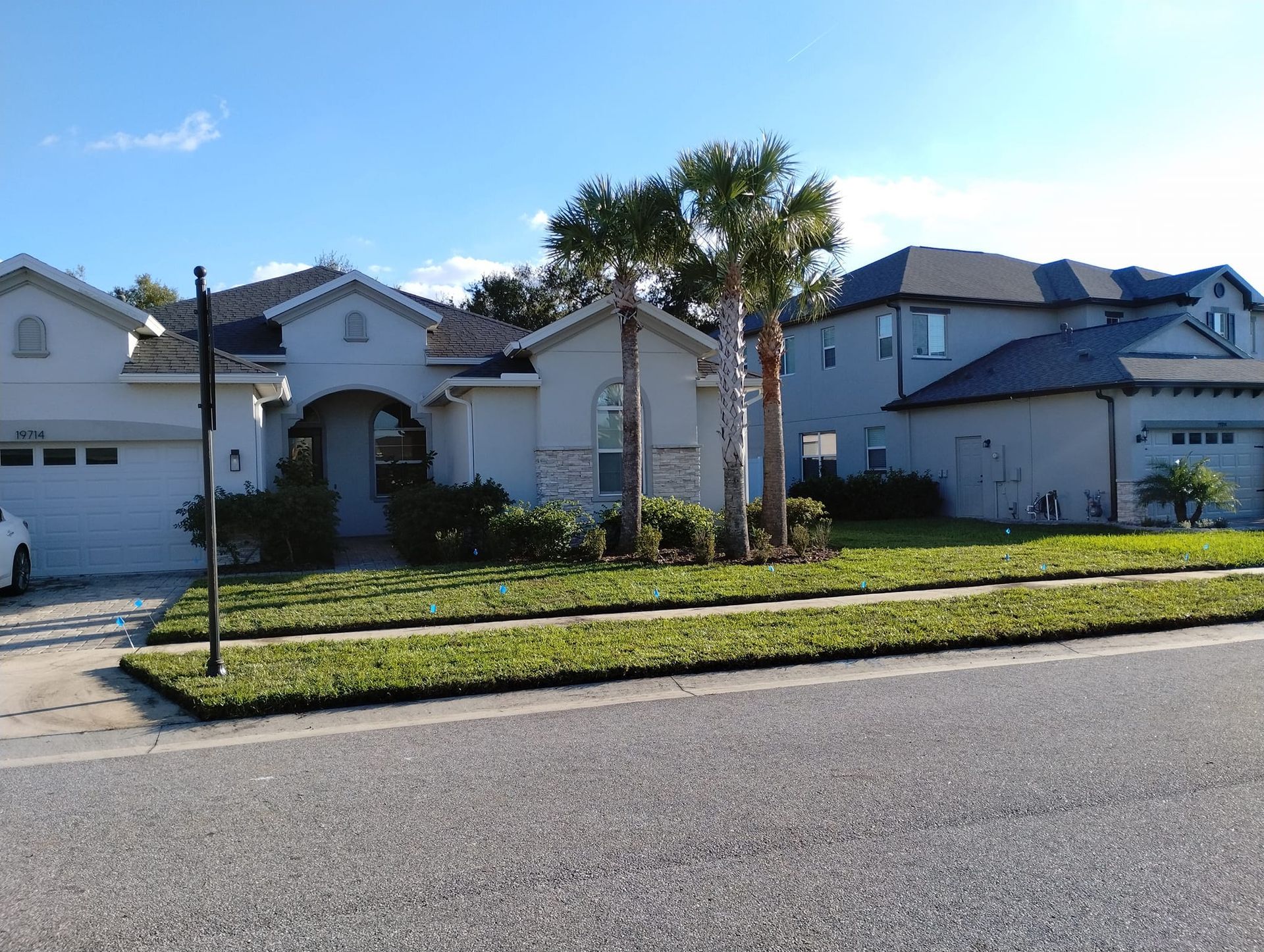 Houses with pale blue siding and dark roofs. Green lawn in front of a street on a clear, sunny day.