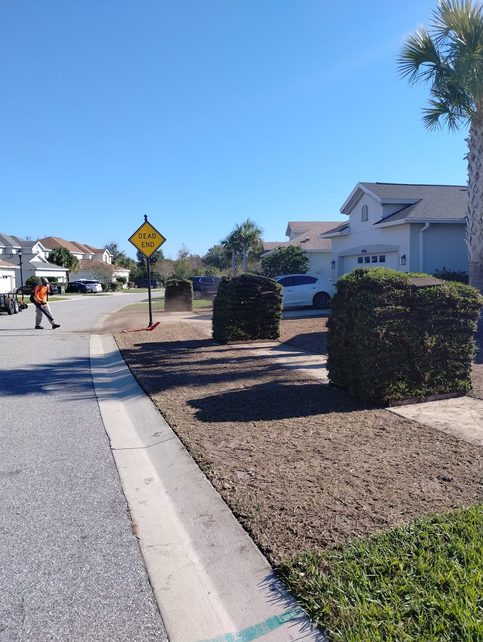 Street scene: Person in orange vest, bushes, houses, road, yellow traffic sign.