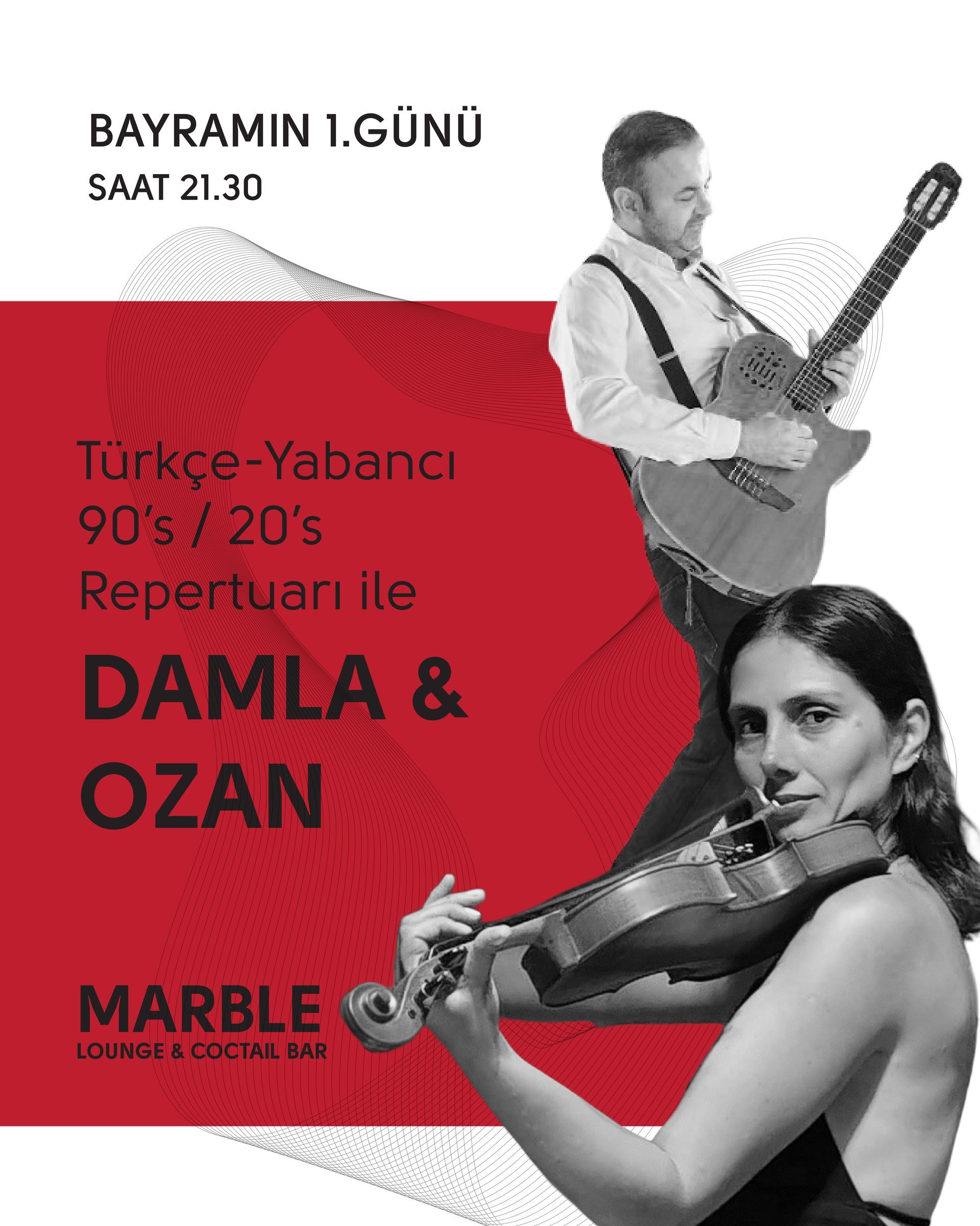 Türkçe ve yabancı 90’lar repertuarlı Damla & Ozan konser afişi, kırmızı arka plan ve iki müzisyen.