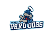 Bryan Yard Dogs logo: dog with a conductor hat, holding a mallet, angry expression. Blue and white colors.