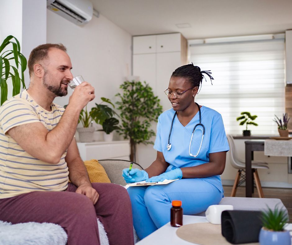 Nurse conducting a home health assessment with a male patient.