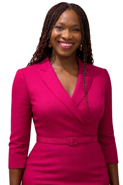 A woman wearing glasses and a floral shirt is standing in front of a white background.