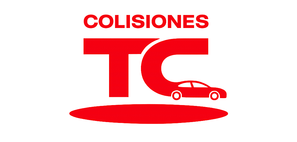 Un logotipo rojo  de TC colisiones con el texto 