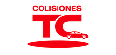 Un logotipo rojo  de TC colisiones con el texto 