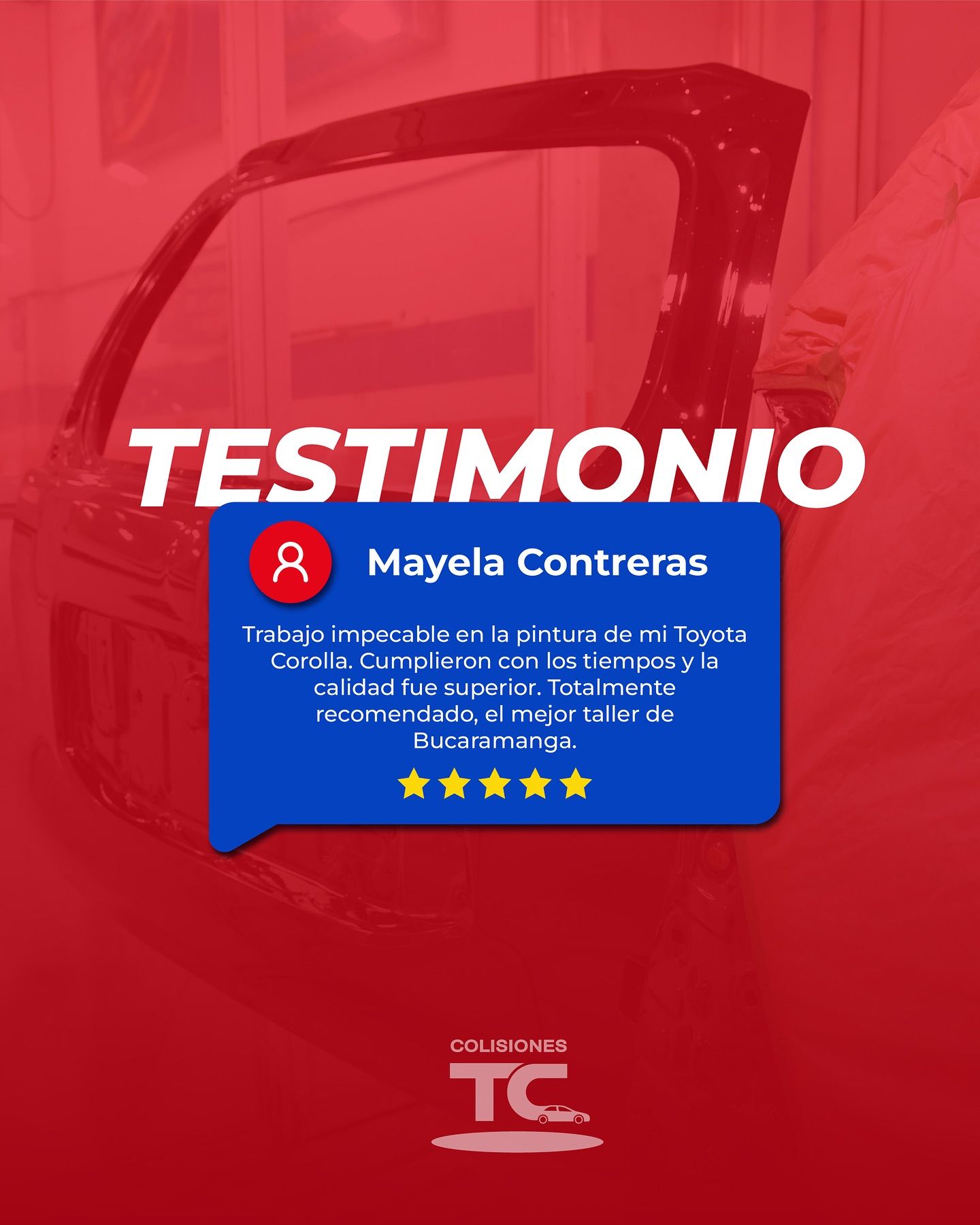Reseña de un cliente sobre un taller mecánico, que muestra una calificación de cinco estrellas y un texto testimonial 