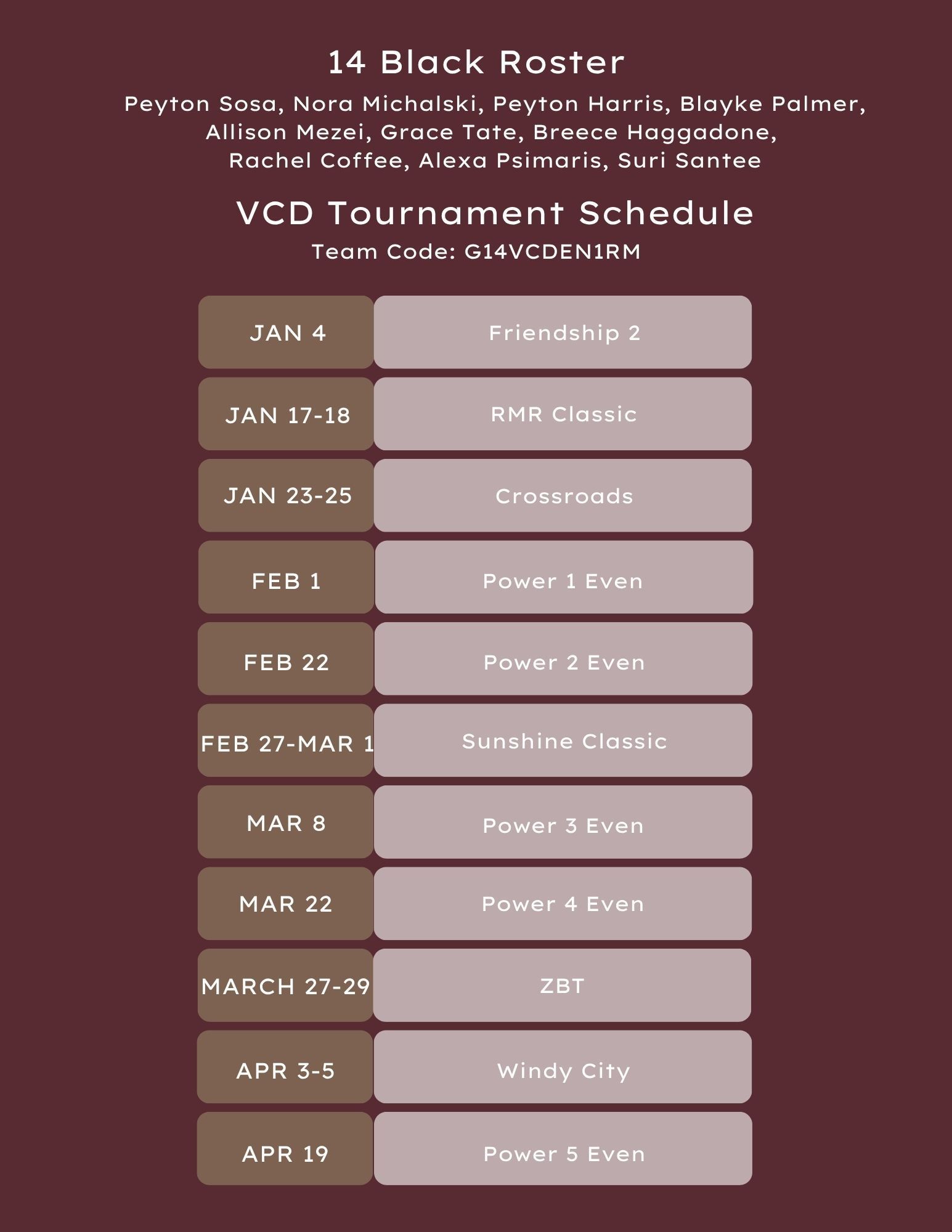 18 Black volleyball roster and tournament schedule in maroon tones.