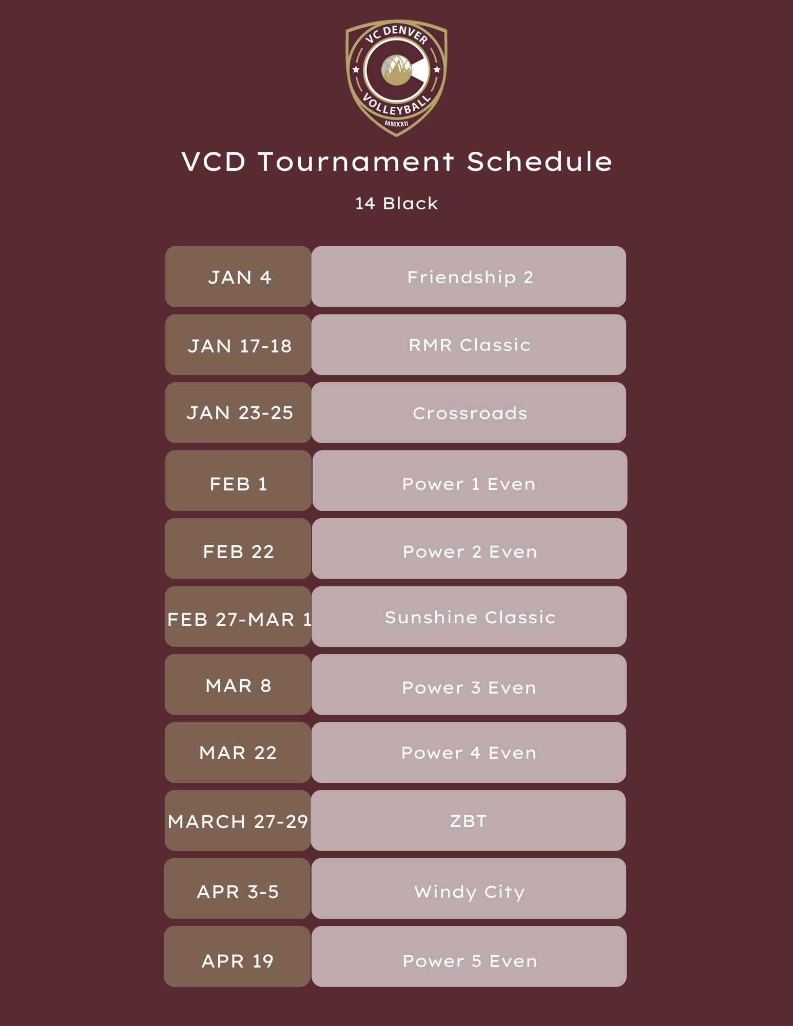 18 Black volleyball roster and tournament schedule in maroon tones.