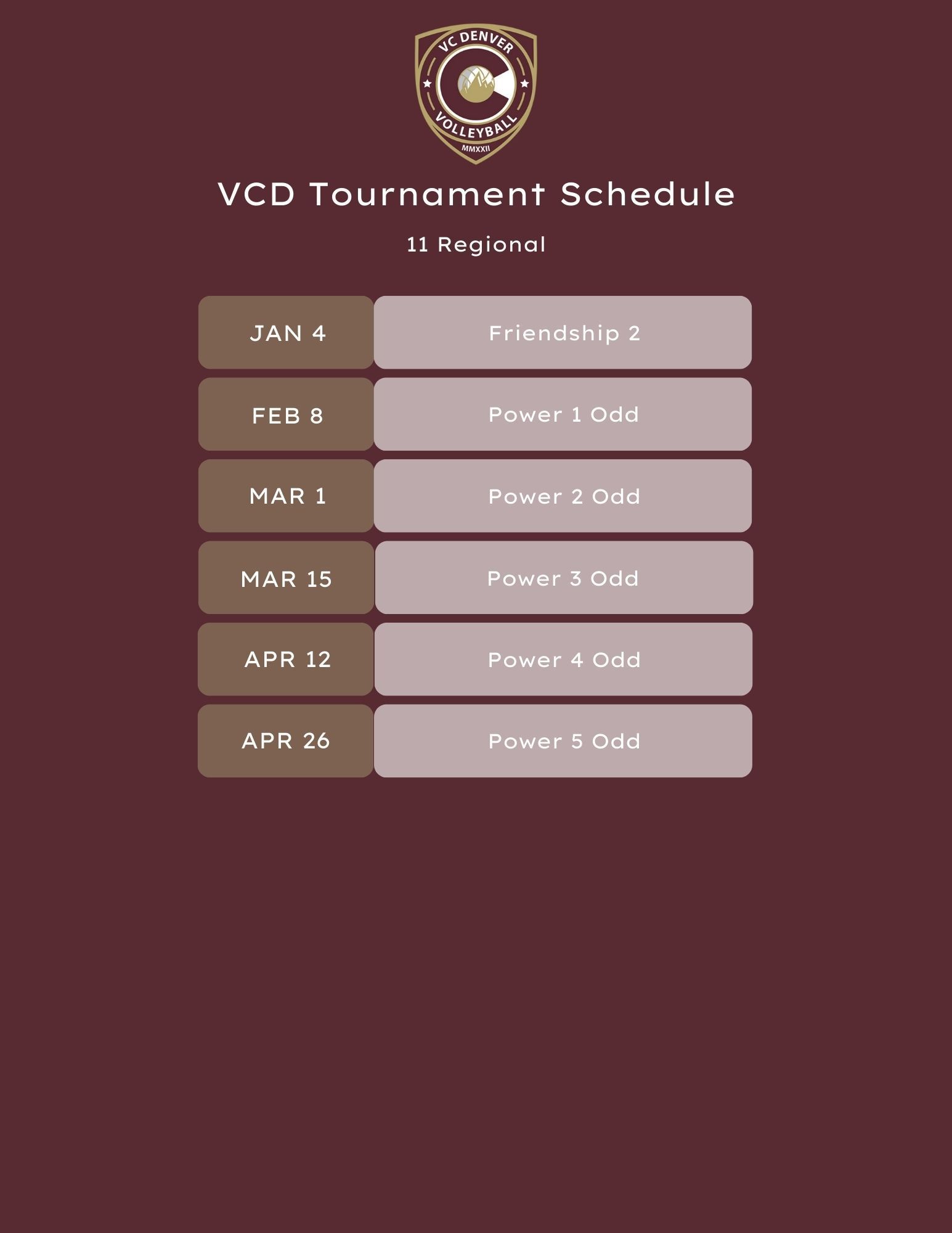 18 Black volleyball roster and tournament schedule in maroon tones.