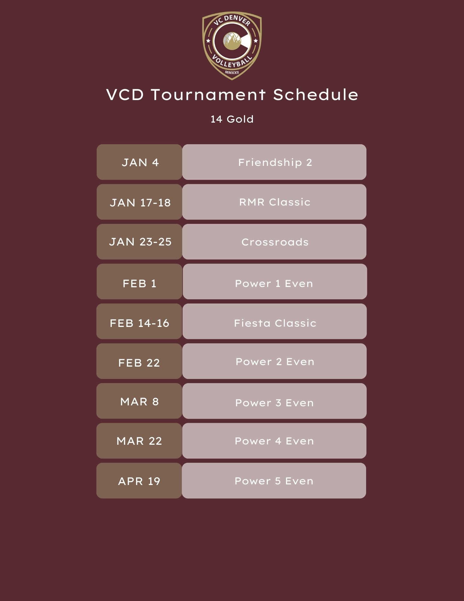 18 Black volleyball roster and tournament schedule in maroon tones.