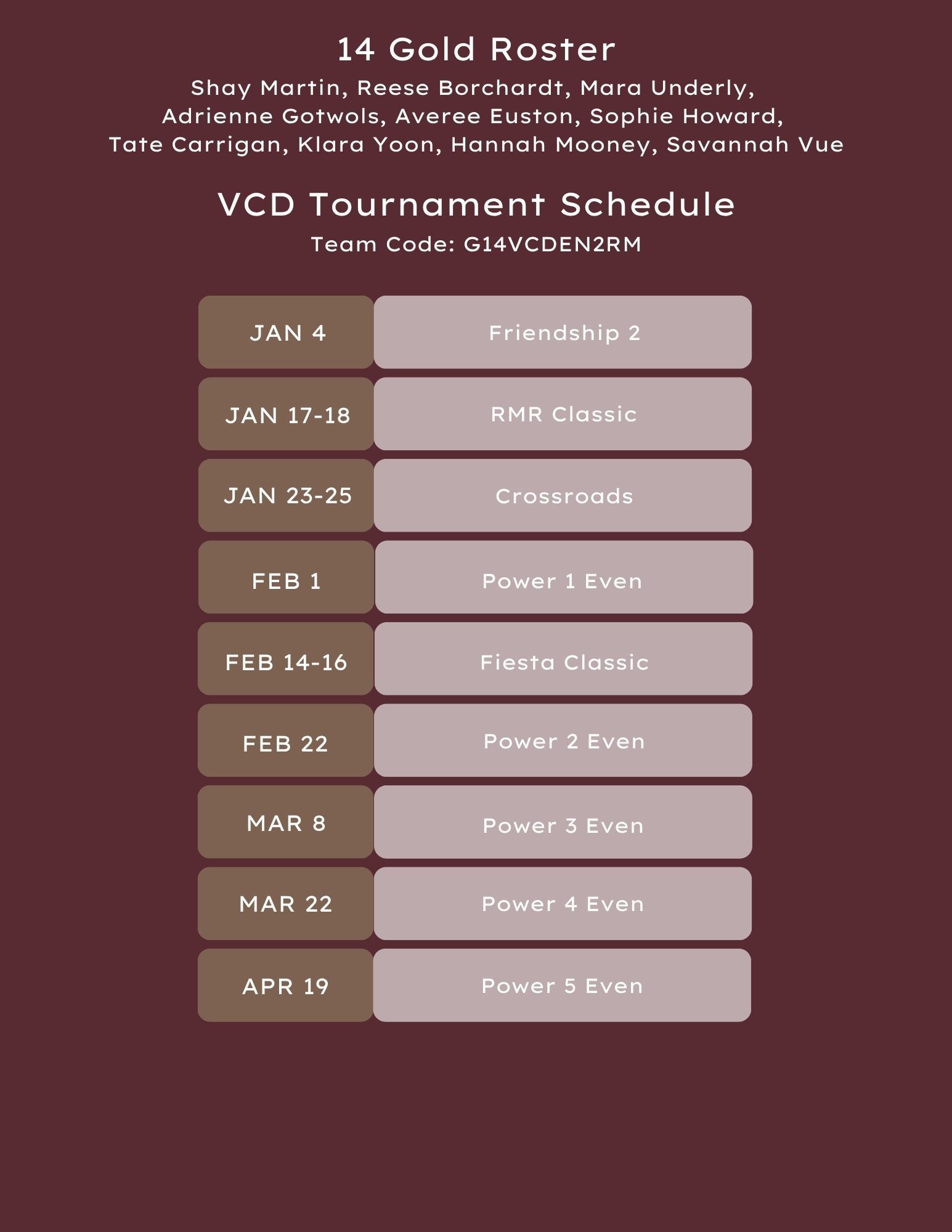 18 Black volleyball roster and tournament schedule in maroon tones.