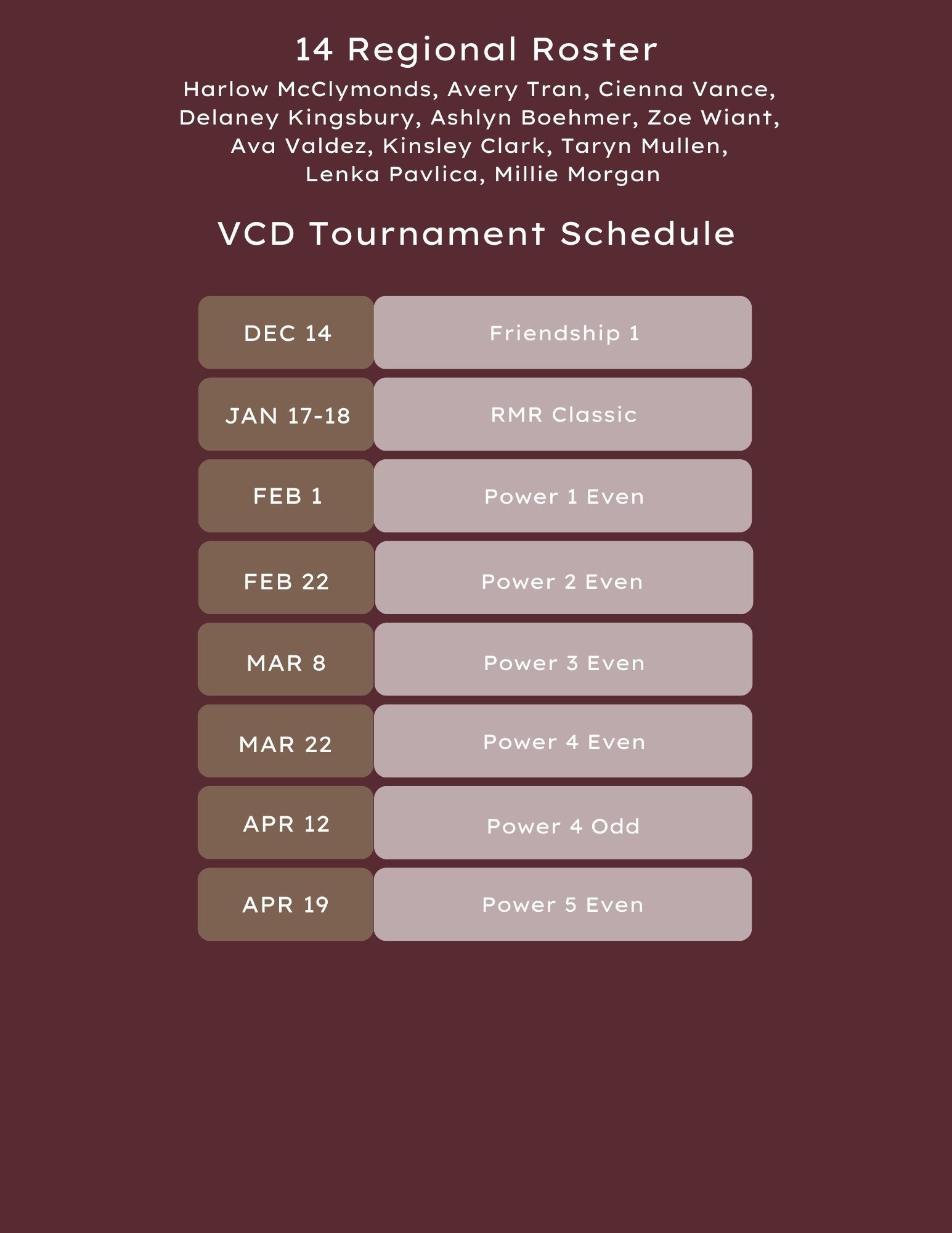 18 Black volleyball roster and tournament schedule in maroon tones.