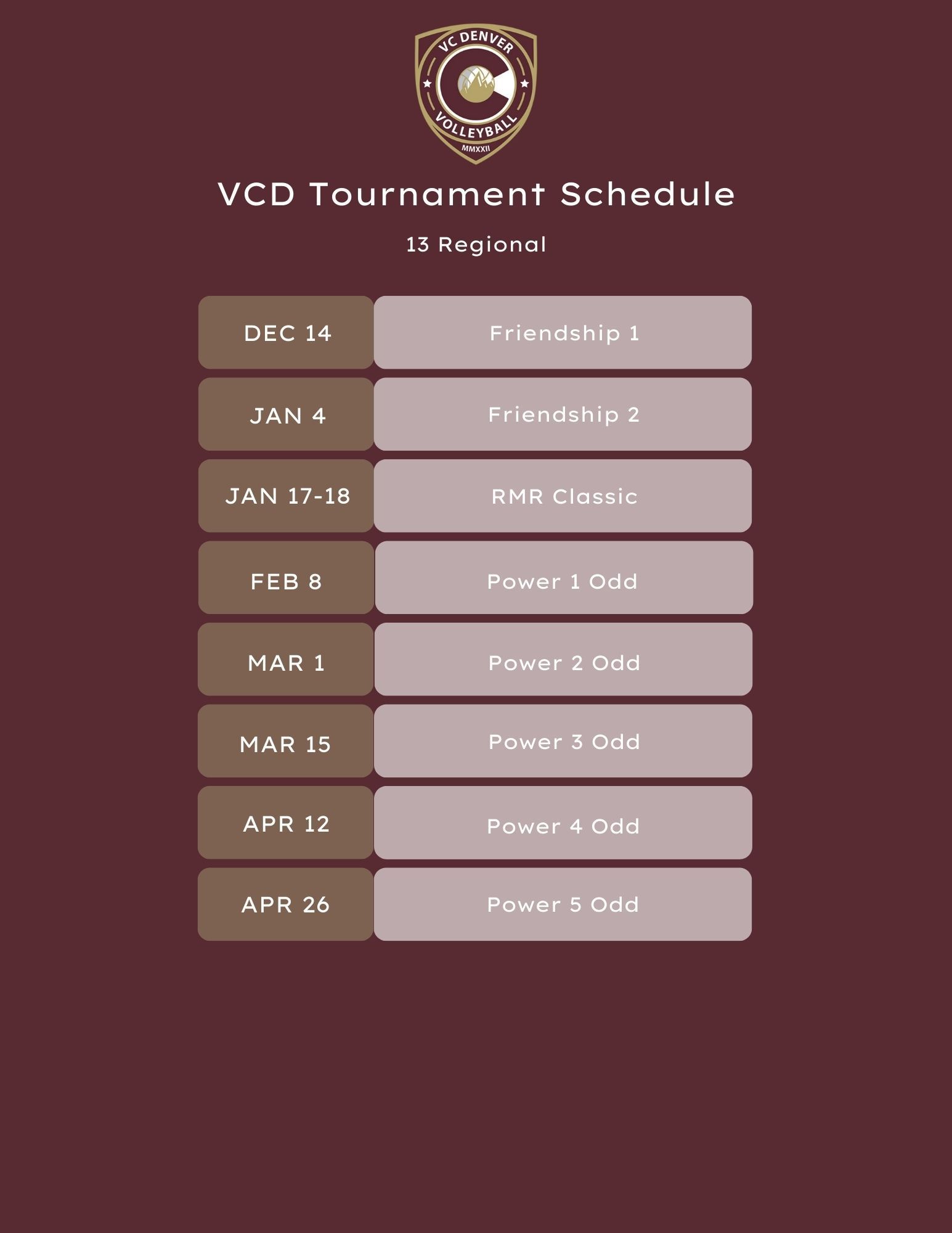 18 Black volleyball roster and tournament schedule in maroon tones.