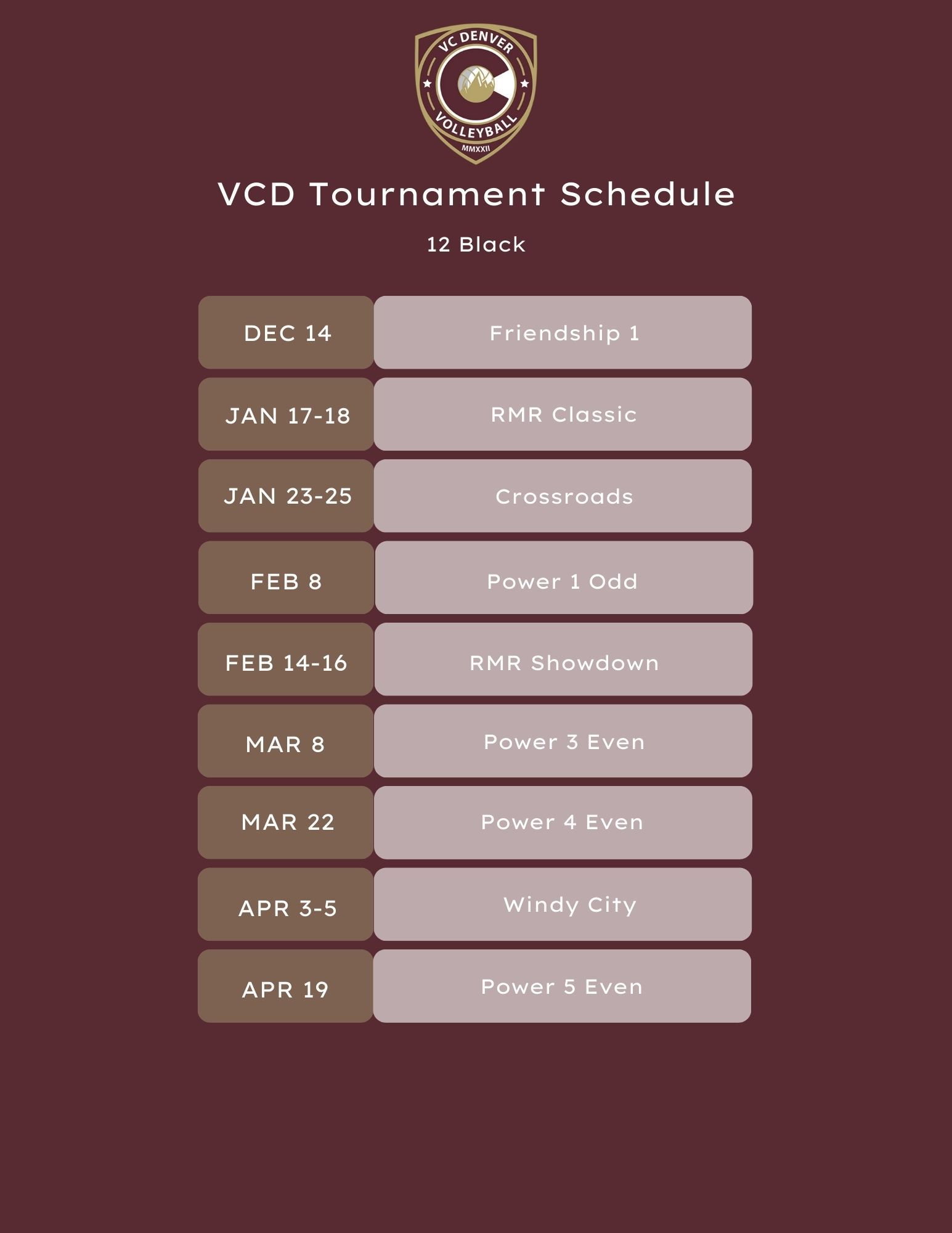 18 Black volleyball roster and tournament schedule in maroon tones.