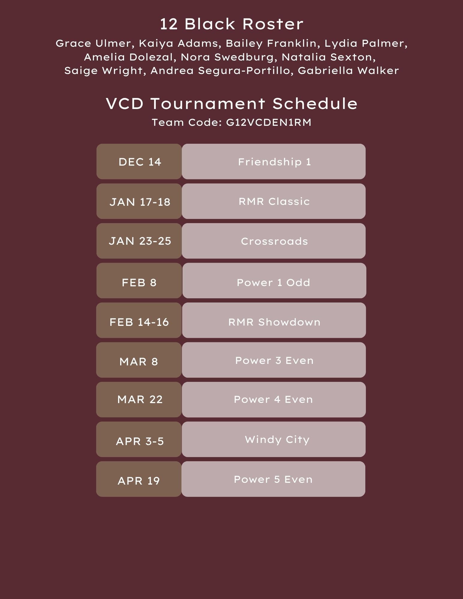 18 Black volleyball roster and tournament schedule in maroon tones.