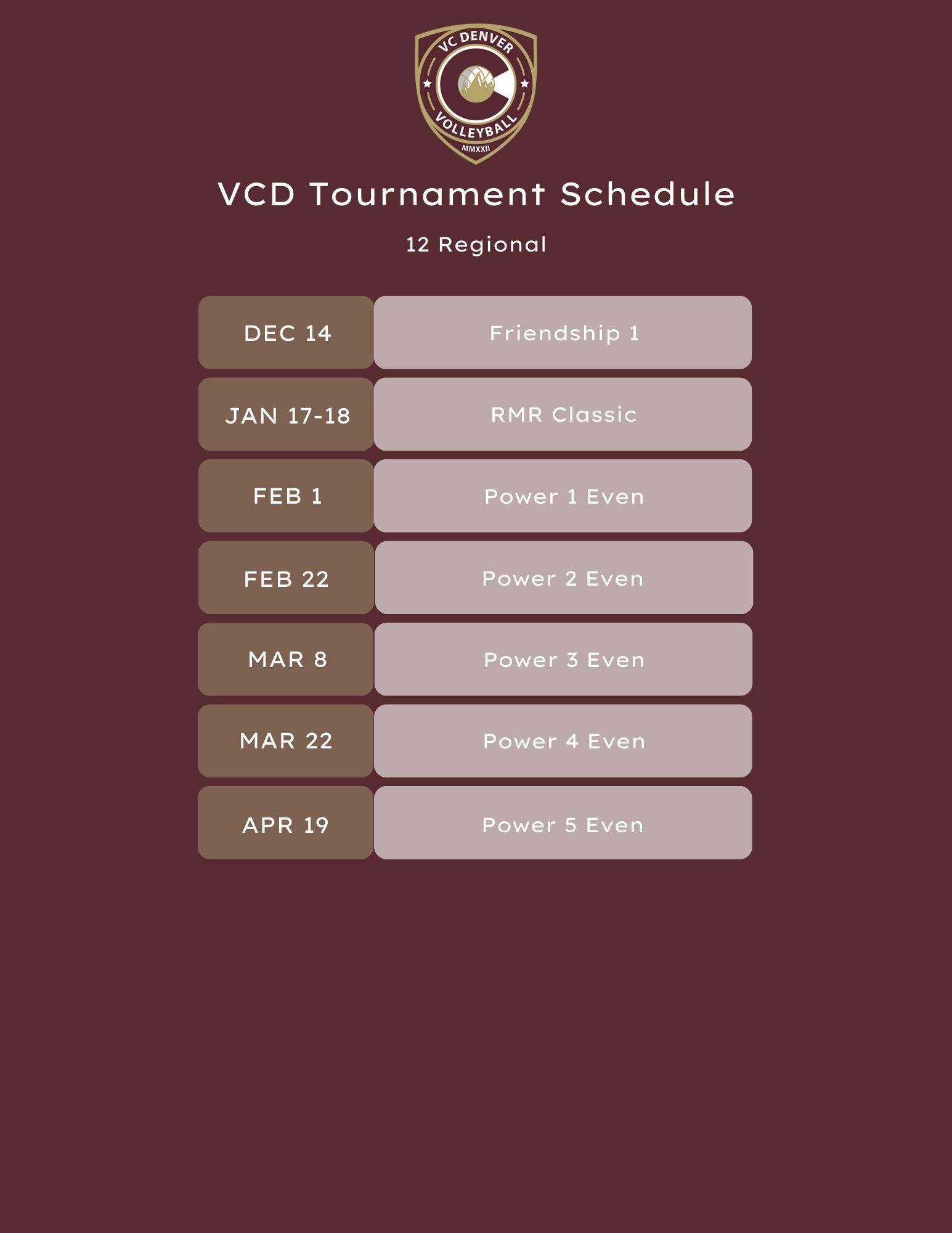 18 Black volleyball roster and tournament schedule in maroon tones.