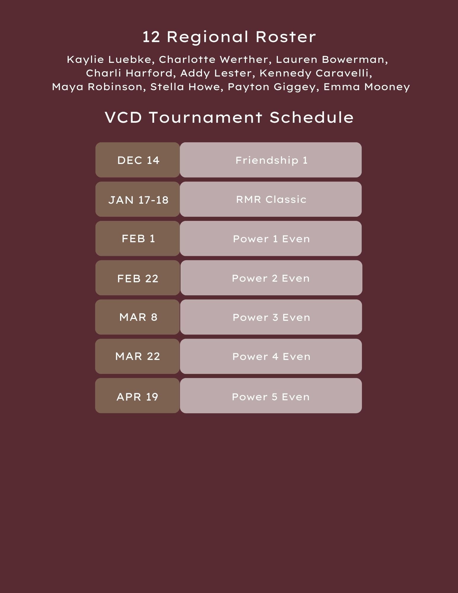 18 Black volleyball roster and tournament schedule in maroon tones.