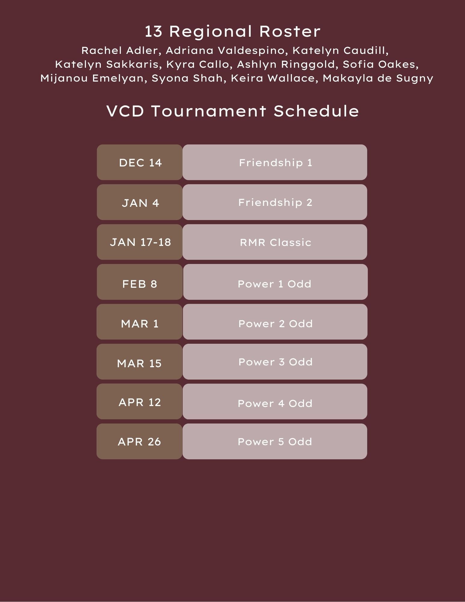 18 Black volleyball roster and tournament schedule in maroon tones.