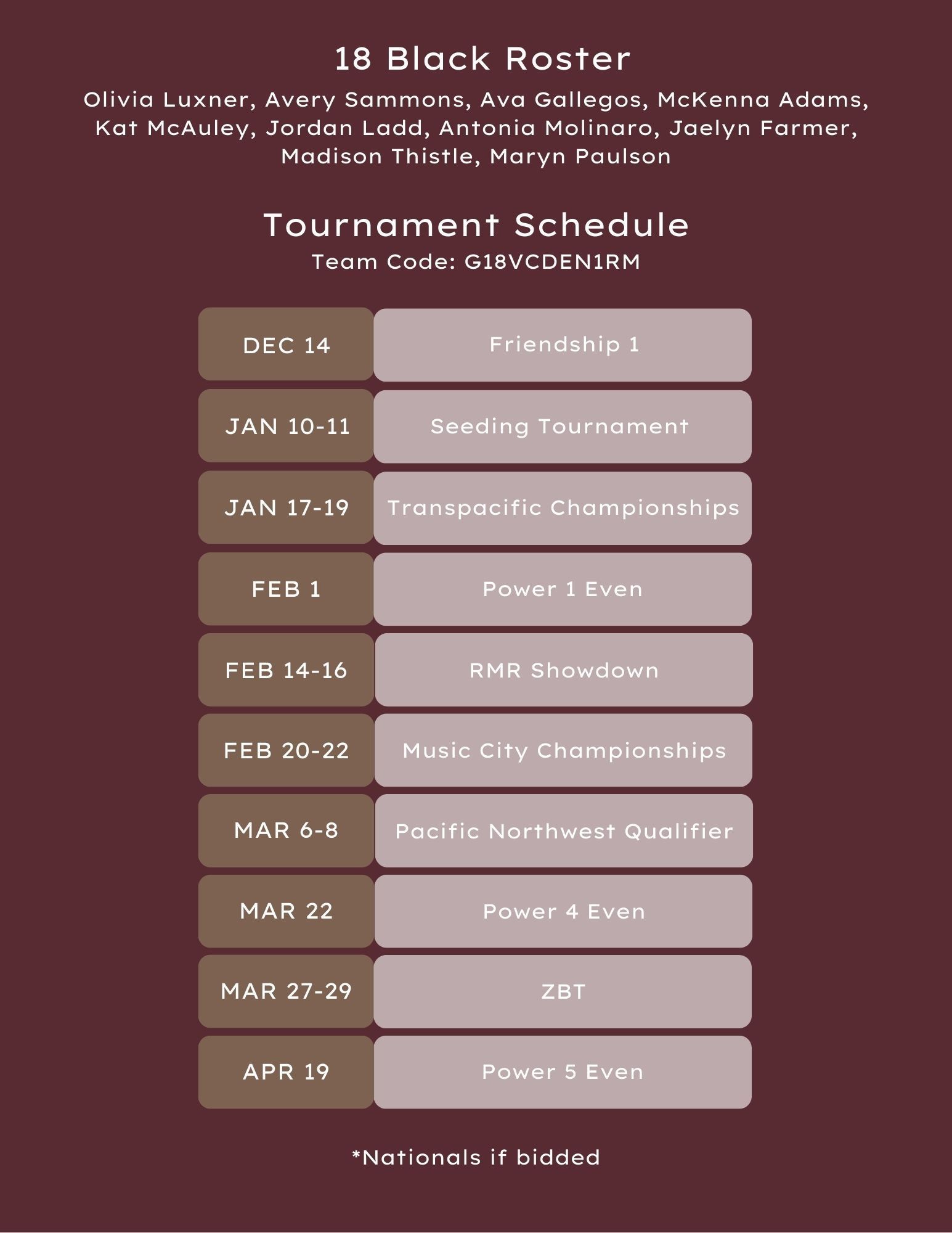 18 Black volleyball roster and tournament schedule in maroon tones.