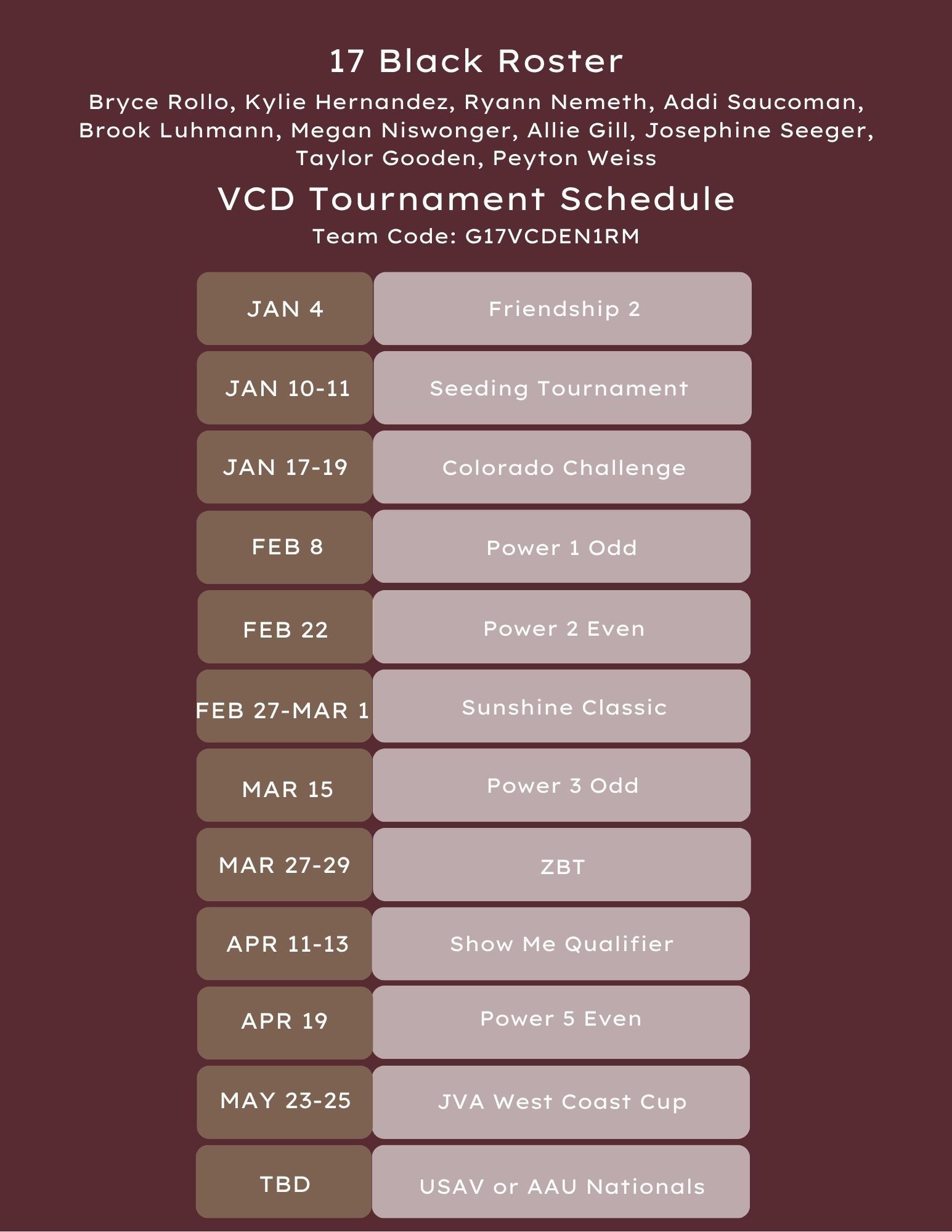 17 Black volleyball roster with tournament schedule and player names.