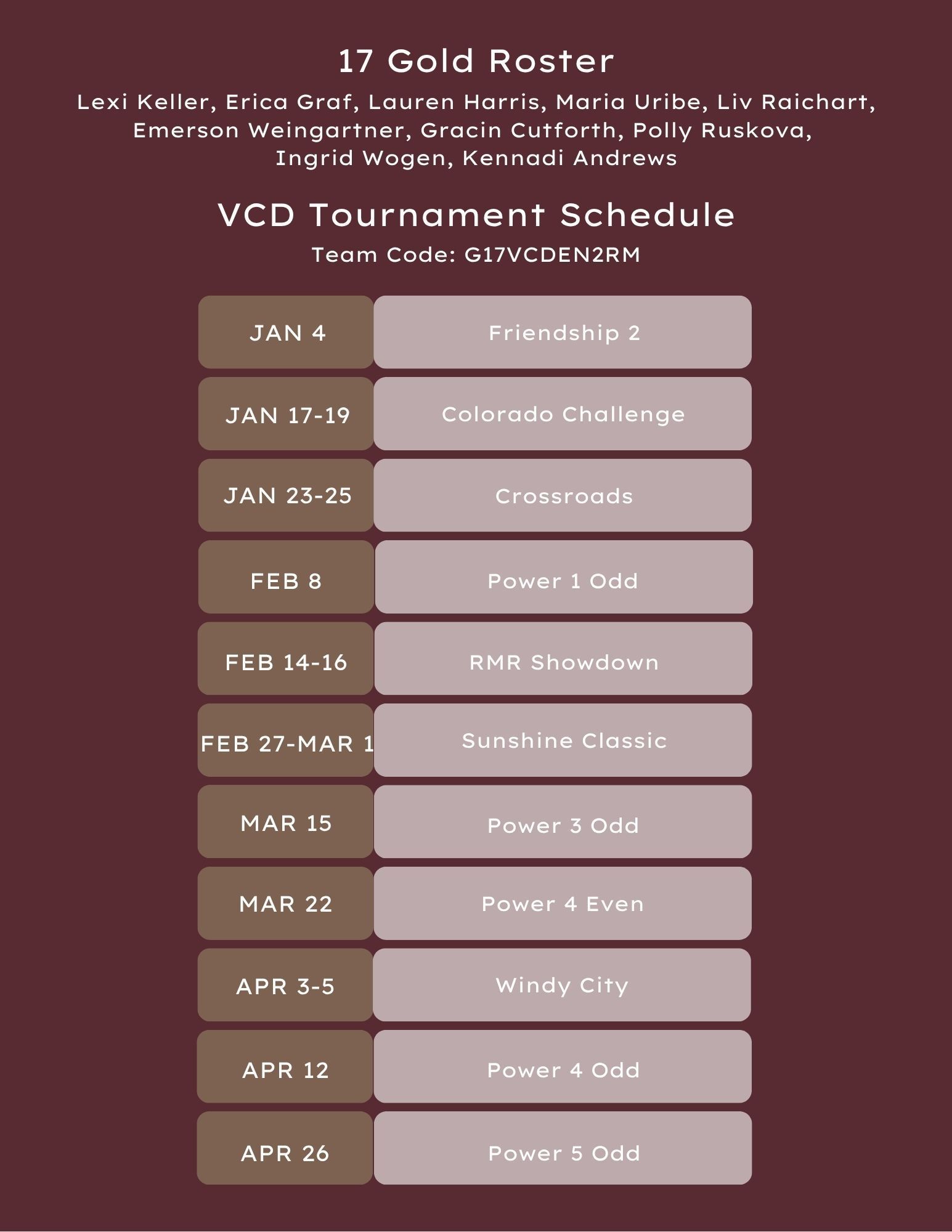 A tournament schedule for a 