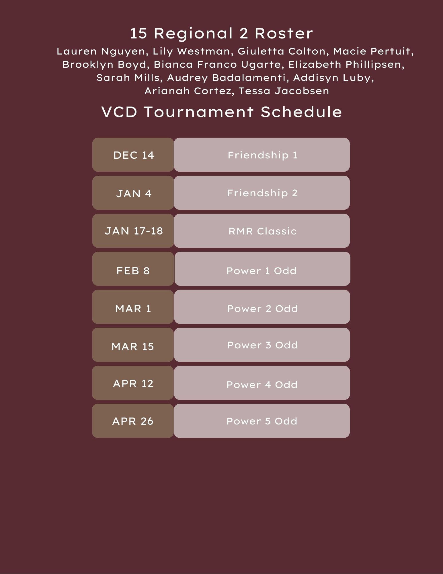 15 Regional 2 Roster and VCD Tournament Schedule. List of players and tournament dates with events.