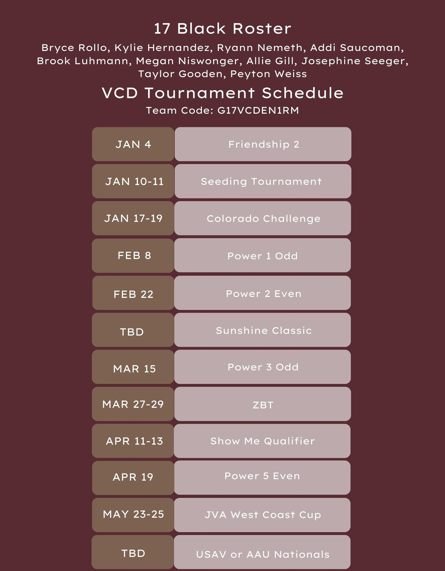 17 Black volleyball roster with tournament schedule and player names.