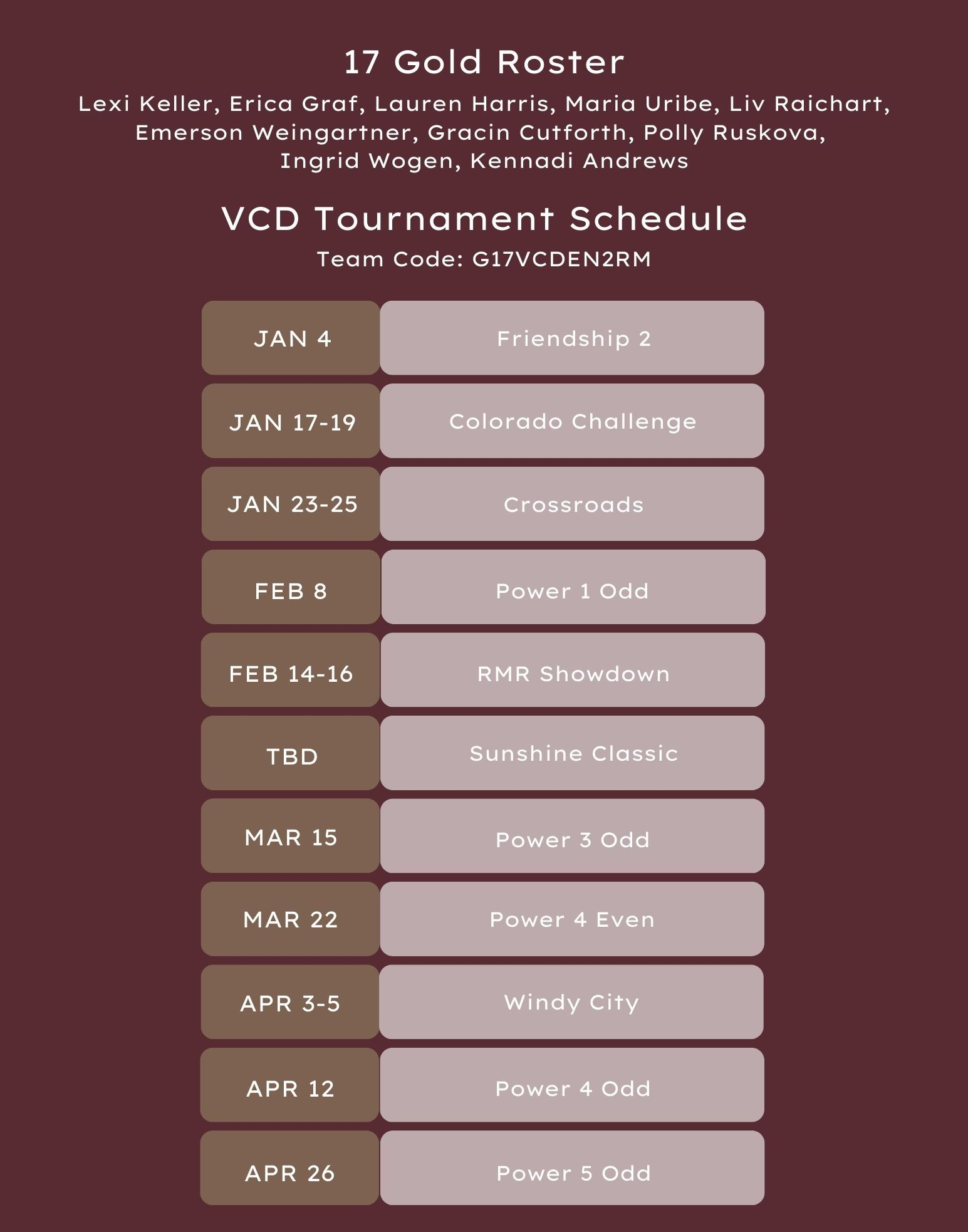 A tournament schedule for a 