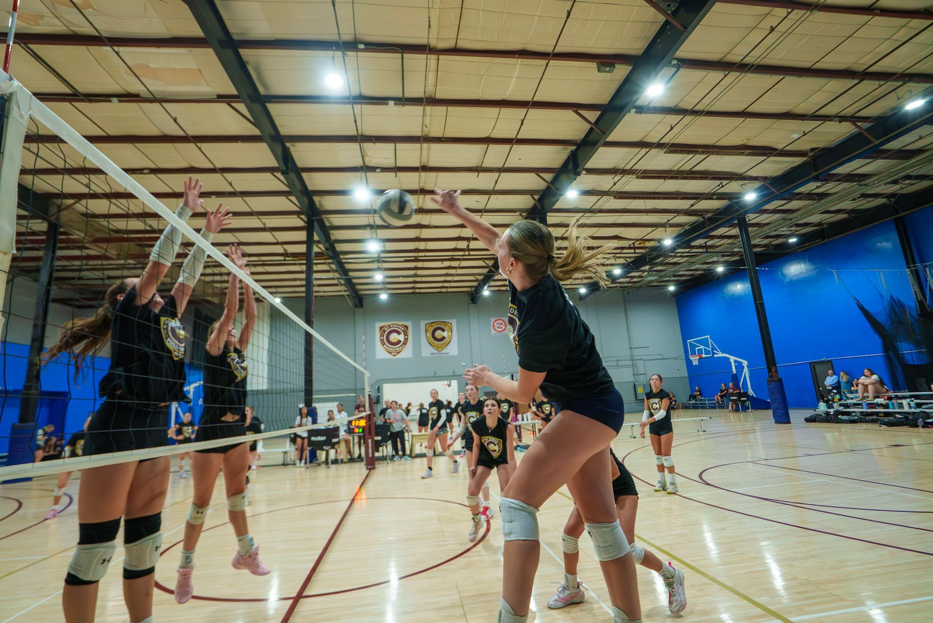 Female volleyball player in black uniform bumping the ball in a blue indoor court.
