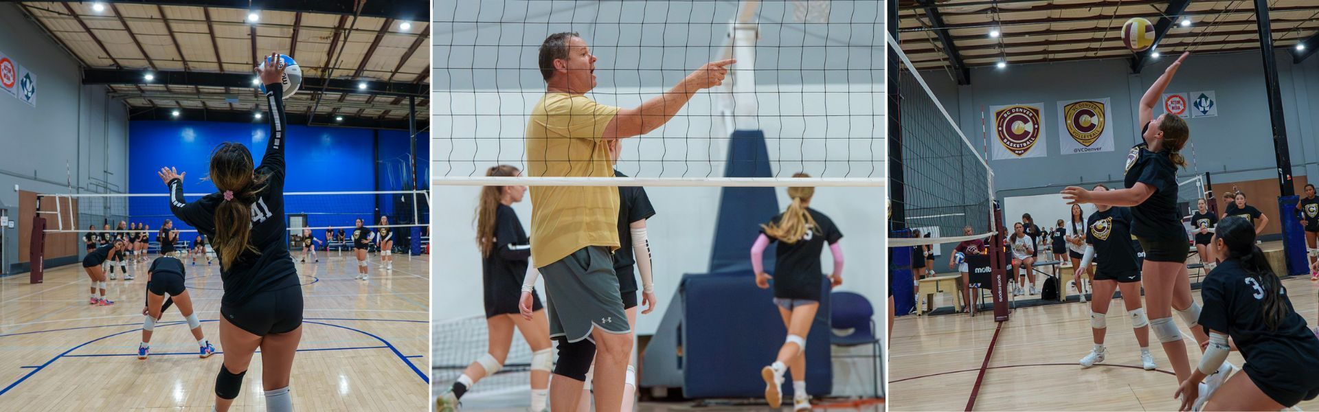 Two women high-five, volleyball court. Others watch. Indoors, blue walls, bright lights.