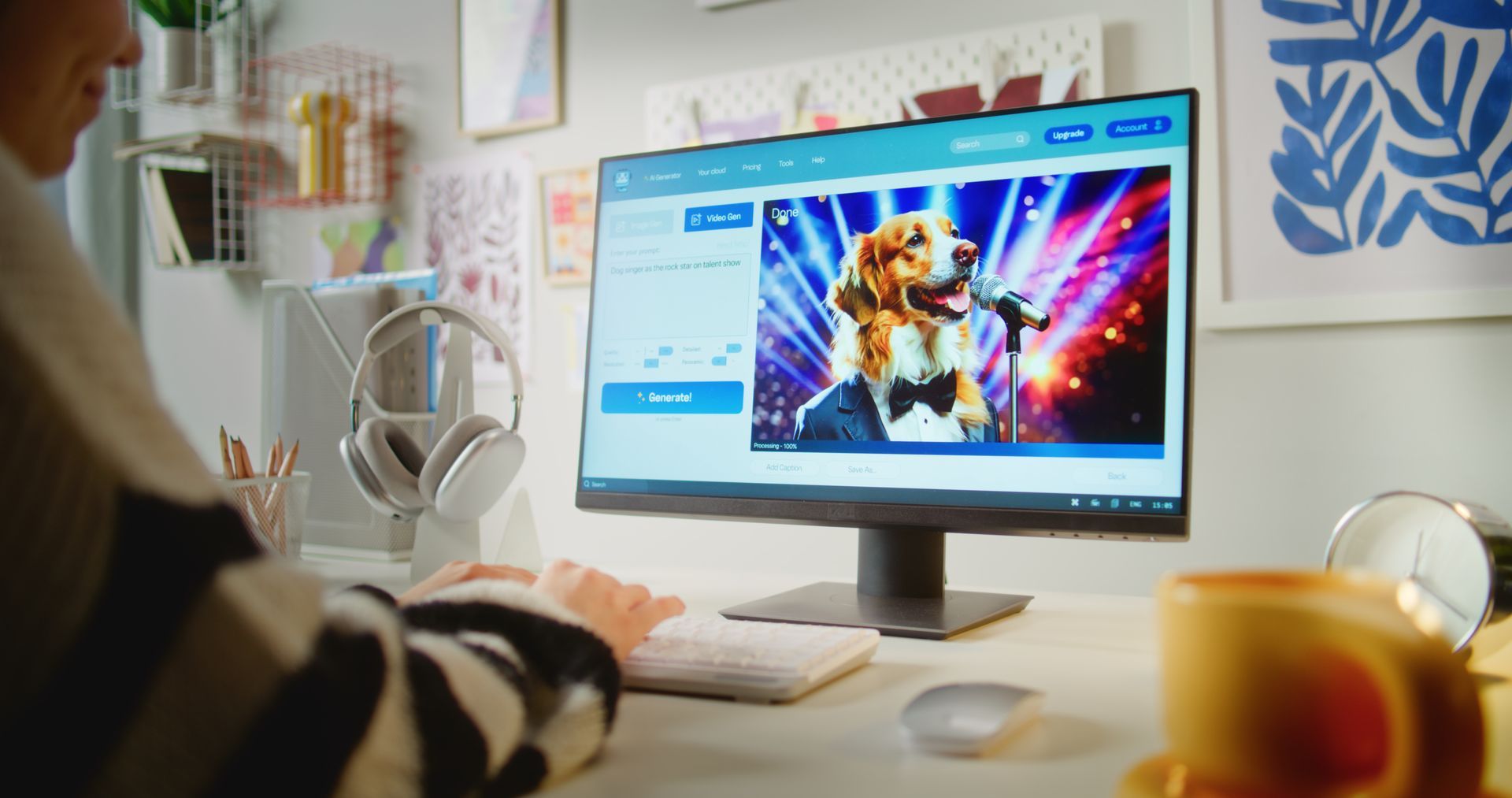 Person using a computer, editing a photo of a dog singing on stage. Desk with headphones, a mug, and decorations.