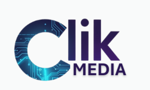 Logo for Clik Media with a circuit board design in the letter 