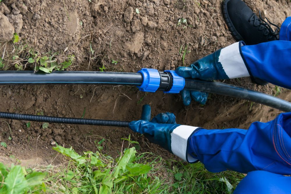 A Worker in Blue Coveralls and Gloves Connects a Black Irrigation Pipe — Dunnerite Plumbing in Mount Peter, QLD