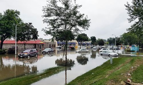 A flooded parking lot with cars and trees in it