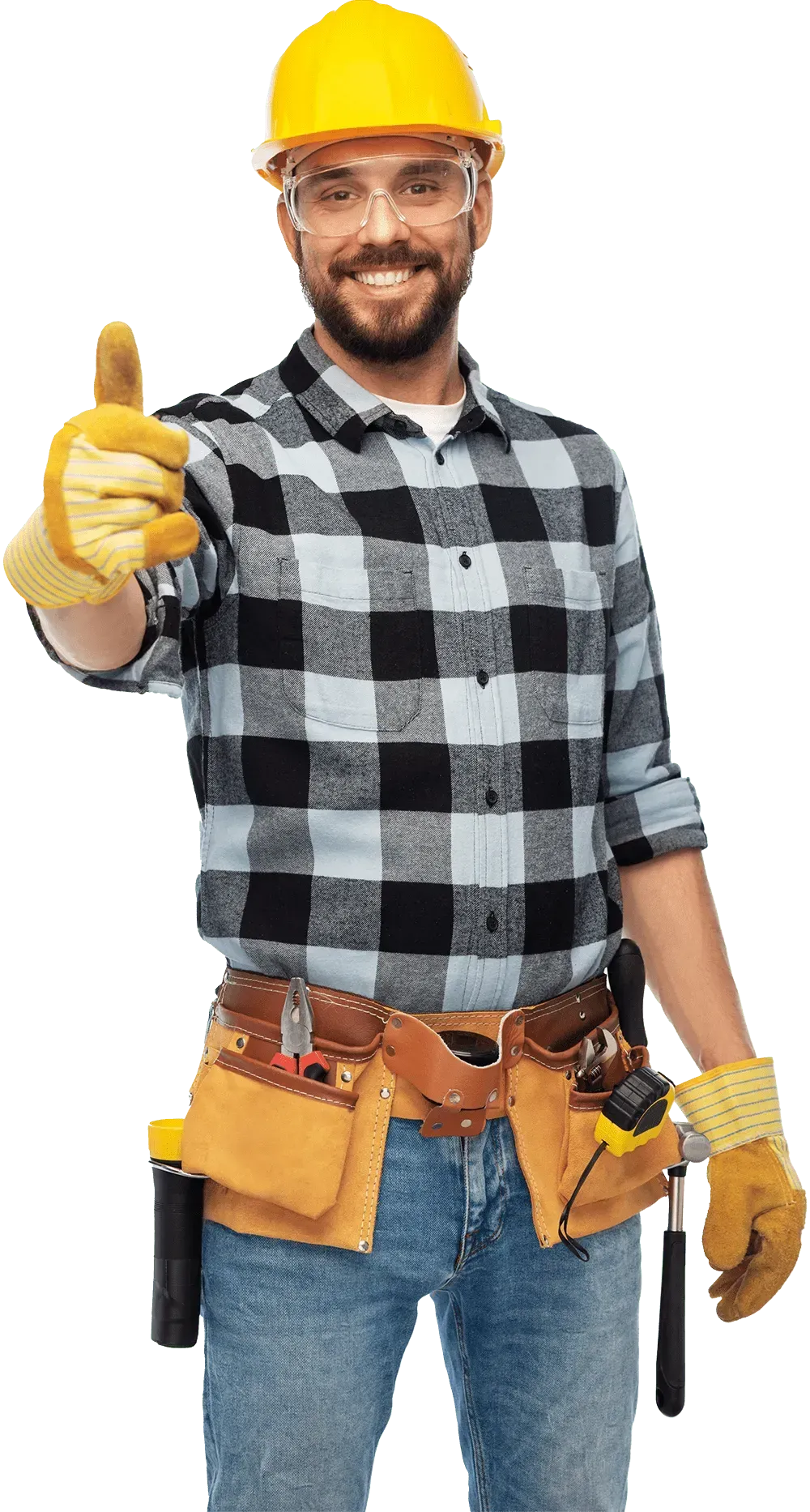 Construction worker with yellow helmet and tool belt giving a thumbs up.