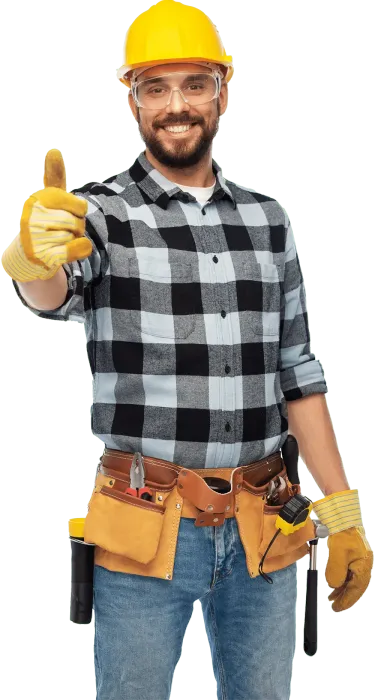 Construction worker with yellow helmet and tool belt giving a thumbs up.