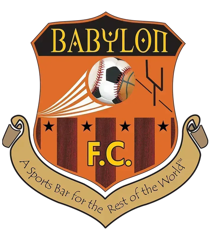 Babylon F.C. sports bar logo: orange shield with a baseball-soccer hybrid,