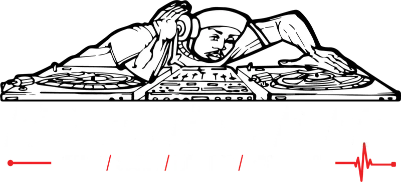 DJ with headphones, mixing music on turntables. Red waveform graphic at the bottom.