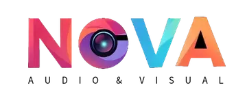 Logo for Nova Audio & Visual. Colorful gradient text: