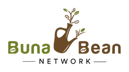 Logo for Buna Bean Network, featuring a brown coffee pot with sprouting leaves and the text