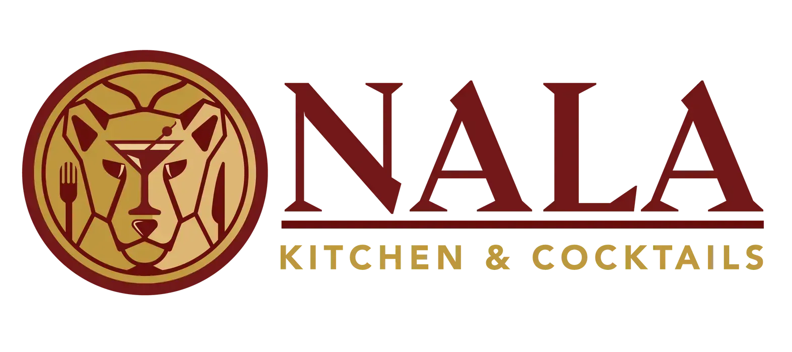 Logo for NALA Kitchen & Cocktails featuring a lion's face and text in dark red and gold.