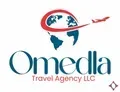 Logo for Omedla Travel Agency LLC: globe with airplane, red and blue accents.