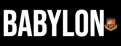 Babylon F.C. sports bar logo: orange shield with a baseball-soccer hybrid ball, stars, and text "Babylon F.C."