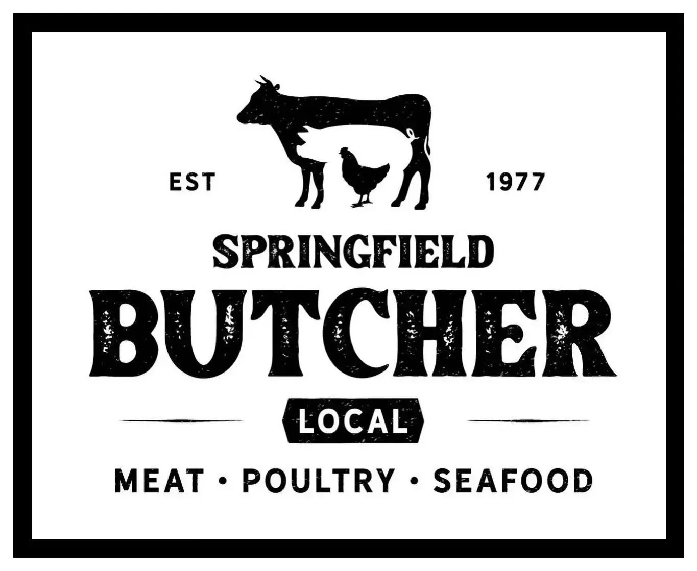 Black and white Springfield Butcher logo with cow and chicken silhouettes, text