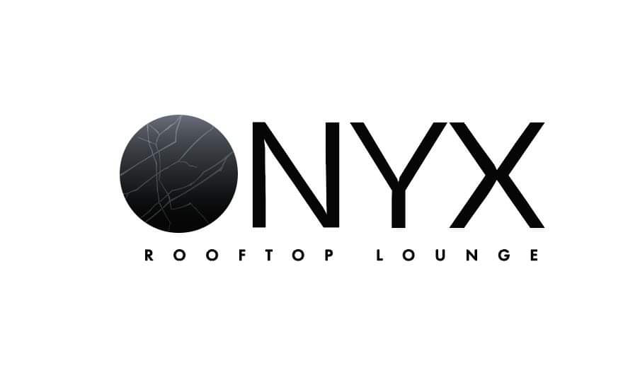 Onyx Rooftop Lounge logo: black text and a black sphere with grey lines.