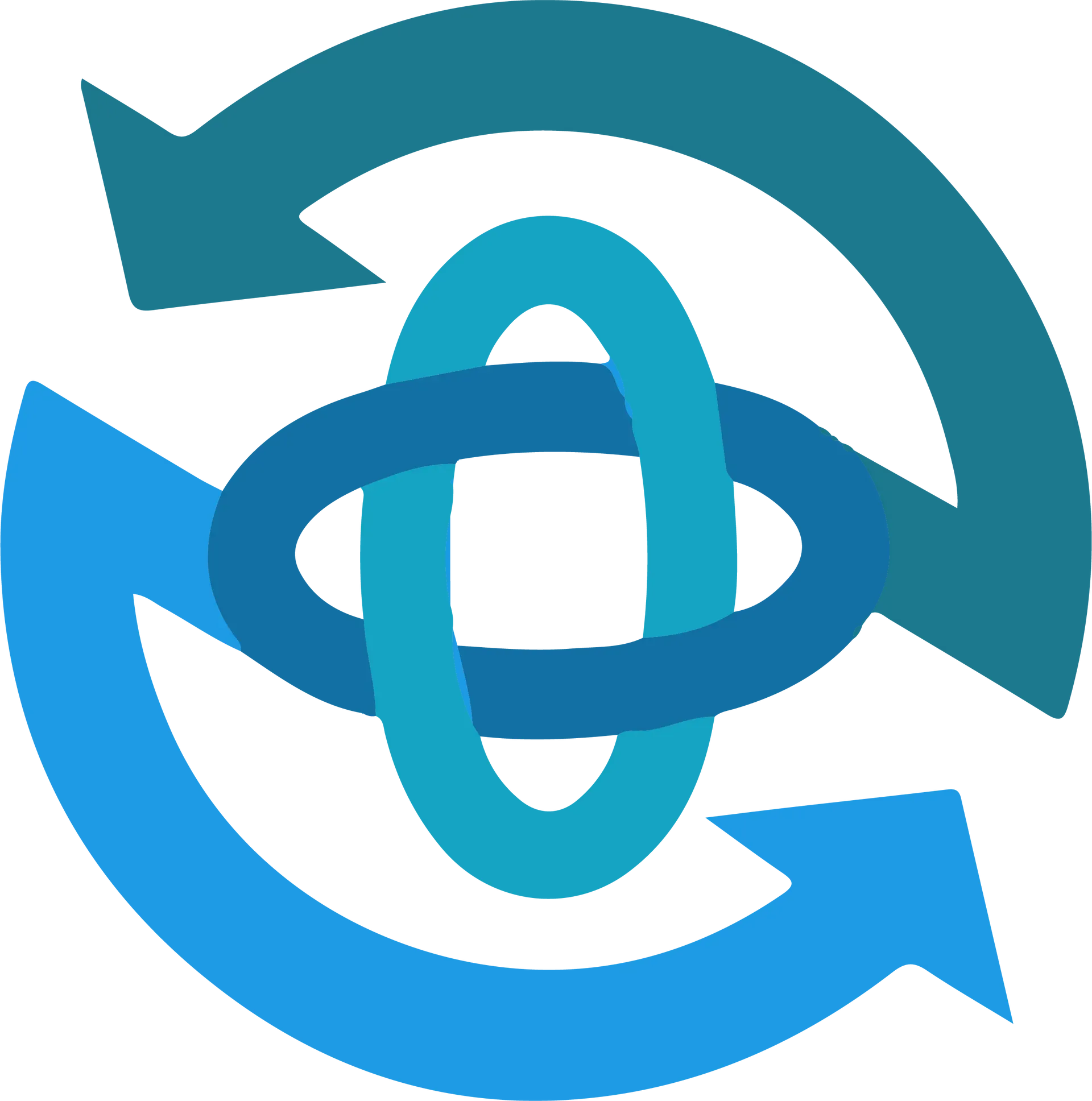 Two blue interlocking ovals with circling teal arrows.