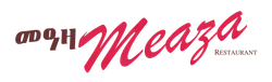 Logo for Meaza Restaurant, written in English and Amharic. The English name is in red cursive and is