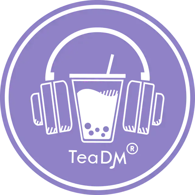 Purple circle logo with a boba tea cup, headphones, and