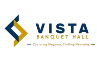 Logo for Vista Banquet Hall: Blue and gold abstract shape beside text