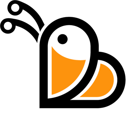 Een zwart en oranje logo van een bij met een hartvormig hoofd.